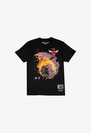 Black cotton t-shirt featuring a red Chicago Bulls logo, fiery graphic, and bold text design. Crew neck with short sleeves.