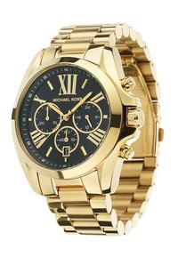 Orologio cronografo in acciaio inossidabile color oro con quadrante nero, numeri romani, sottodial e indicazione della data alle 6.