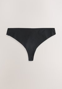 Perizoma nero in tessuto liscio, con un design minimalista e una sagoma a V sia sul davanti che sul retro. Senza elementi decorativi visibili o motivi.