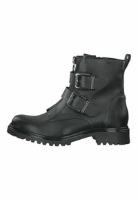 Botte en cuir noire à la cheville avec fermeture éclair sur le côté, deux boucles avant réglables, finition texturée et semelle robuste avec motif de traction.