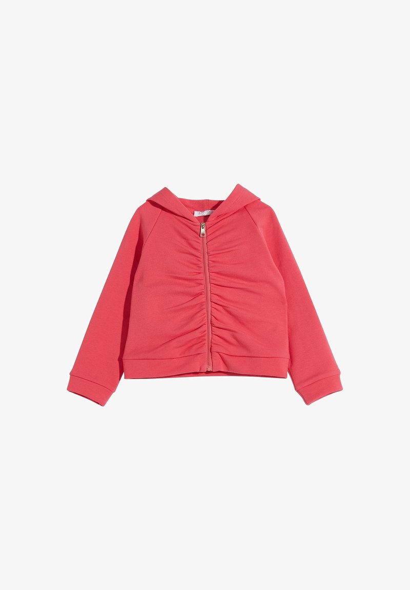 Koralowa bluza z kapturem na zamek błyskawiczny, z marszczeniami z przodu, długimi rękawami i kapturem. Wykonana z miękkiej bawełnianej tkaniny z ściągaczami.