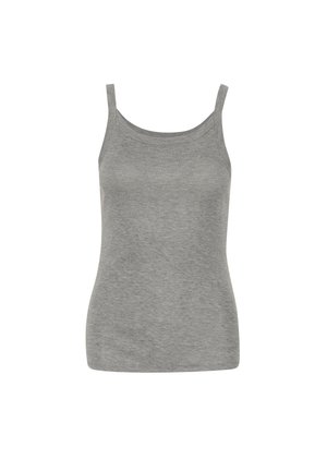 Graues Tanktop aus weichem Stoff mit dünnen Trägern und Rundhalsausschnitt. Das Design ist nahtlos und hat eine eng anliegende Passform.