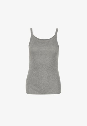 Grå tanktop lavet af blød stof, med tynde stropper og en rund halsudskæring. Designet er sømløst med en tætsiddende form.