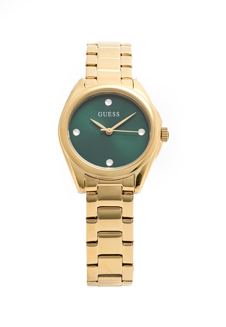 Montre en acier inoxydable doré avec un cadran vert, dotée de sept marqueurs en cristal, d'un logo à 12 heures et d'un bracelet métallique bi-ton.