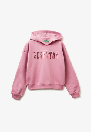 Sudadera rosa hecha de tejido suave, con un bolsillo tipo canguro, capucha con cordón y el logo "BENETTON" en lentejuelas en la parte frontal. Puños y dobladillo acanalados.