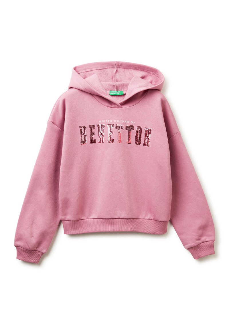 Rosa Kapuzenpullover aus weichem Stoff mit Kängurutasche, Zugbandkapuze und "BENETTON"-Logo aus Pailletten auf der Vorderseite. Gerippte Bündchen und Saum.
