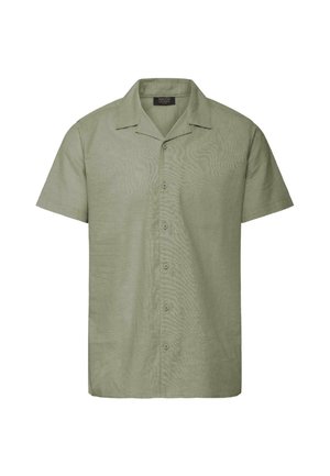 Chemise à manches courtes, vert olive clair, à boutons, avec col camp et ourlet droit.