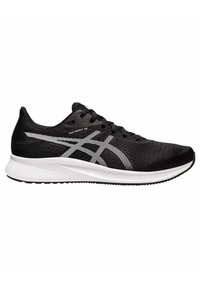 Black athletic shoe with a breathable mesh upper, contrasting white accents and logo, flat laces, and a cushioned white sole.