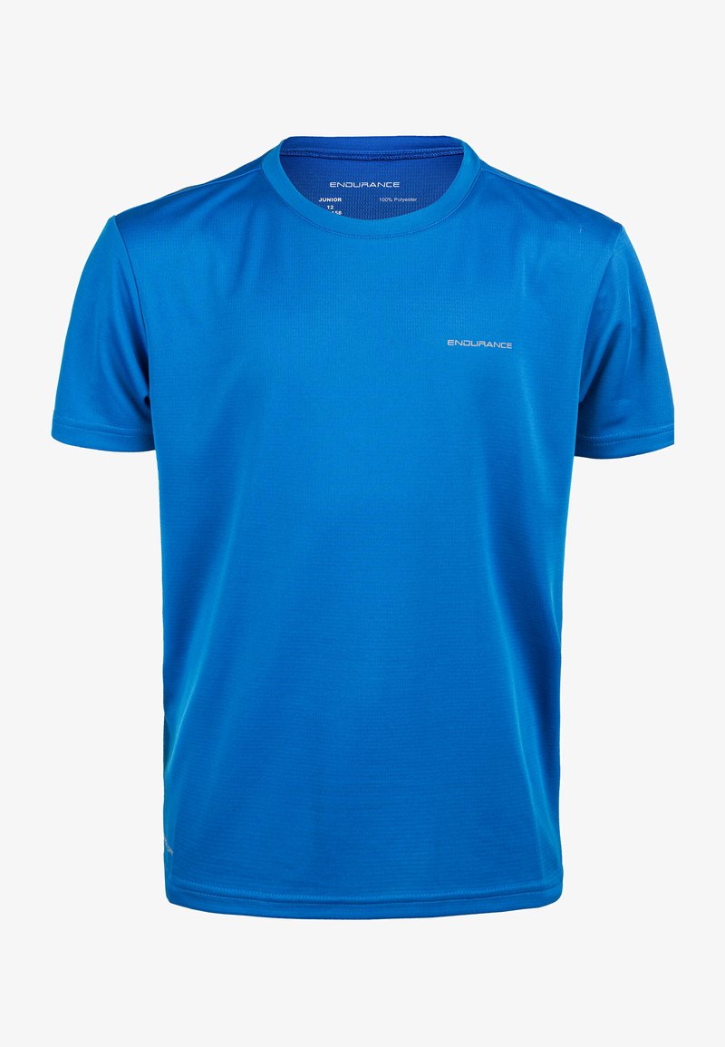 Blå polyester t-shirt med kort ärm, rund halsringning och en slät textur. Har "Endurance"-logotypen i vitt på bröstet.