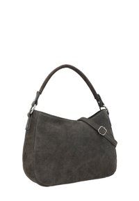 Dunkelgraue Wildleder-Handtasche mit kurzem Griff und verstellbarem Schulterriemen, ausgestattet mit silbernen Metallbeschlägen und einer geschwungenen rechteckigen Form.