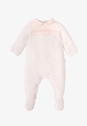 Une combinaison rayée rose pâle à manches longues, avec un col et des détails festonnés. Fabriquée en tissu doux et texturé. Se ferme par des boutons-pression.