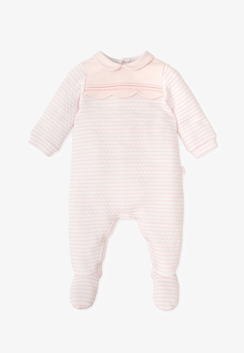 Un overol de rayas rosa claro con mangas largas, un cuello con solapas y detalles en forma de concha. Hecho de un tejido suave y texturizado. Cuenta con un cierre a presión.