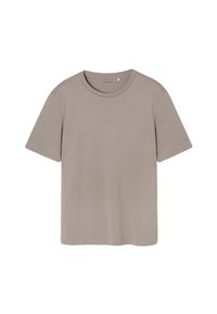 Tricou cu mânecă scurtă dintr-o țesătură moale, bej deschis. Are un guler rotund și o croială confortabilă. Textura este netedă, fără modele sau aplicații vizibile.