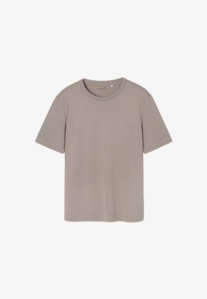 Rövid ujjú póló puha, világosbézs anyagból. Kerek nyakkivágással és laza szabással rendelkezik. Sima textúra, látható minták vagy díszítések nélkül.