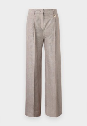 Vysoký pas, široké kalhoty se vzorem v béžové a hnědé kostce, s předními sklady, poutky na opasek a skrytým předním zapínáním.