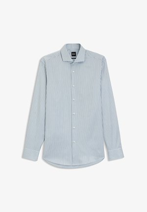 Lichtblauw overhemd met lange mouwen, verticale witte strepen, knoopkraag, knopen aan de voorkant, afgeronde zoom en manchet details.