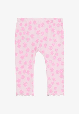 Roze katoenen legging met een bloemenprint van kleine madeliefjes, een gekartelde zoom en een elastische tailleband voor comfort.