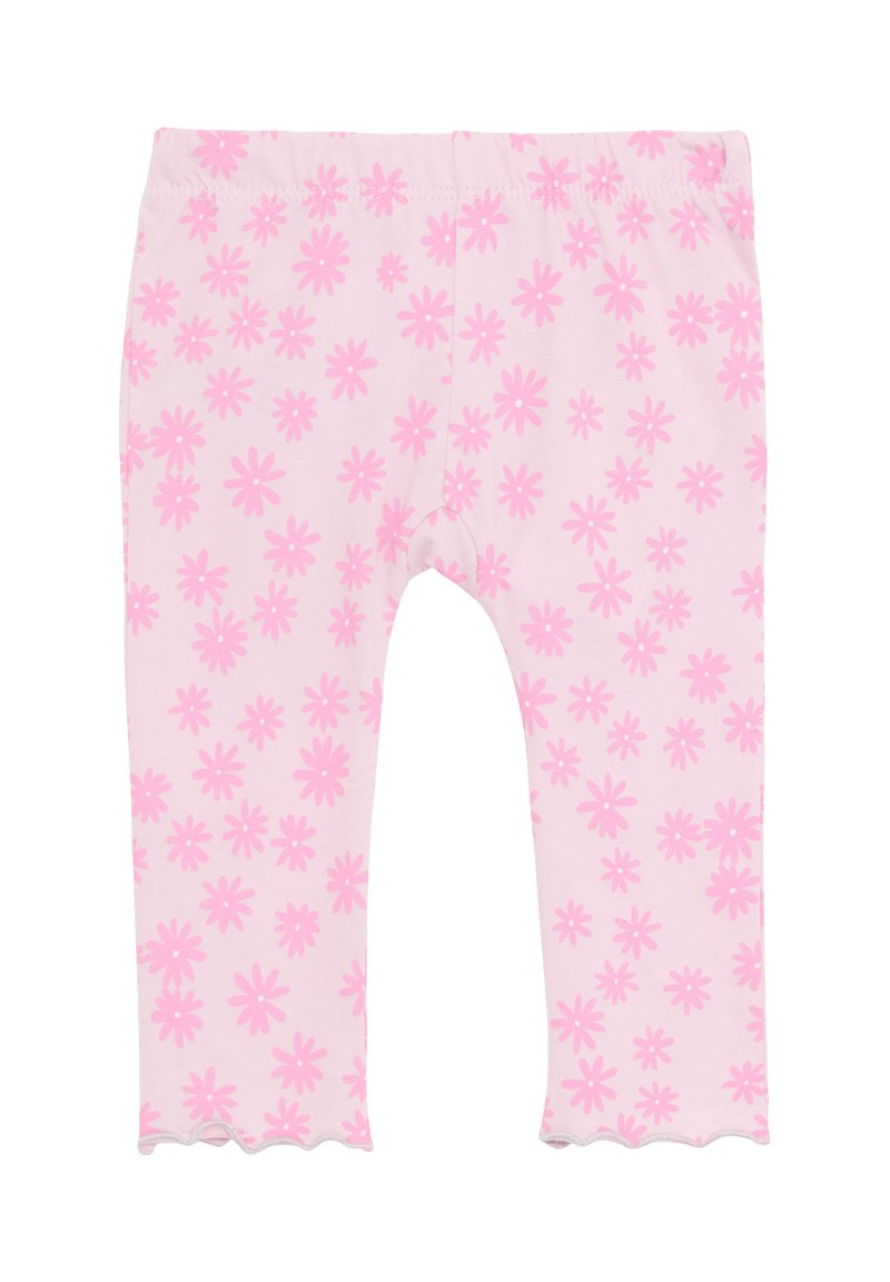 Rosa Baumwollleggins mit floralem Druck und kleinen Gänseblümchen, gewelltem Saum und einem elastischen Bund für zusätzlichen Komfort.