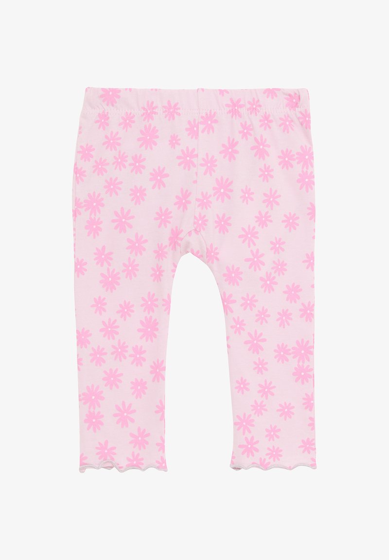 Roze katoenen legging met een bloemenprint van kleine madeliefjes, een gekartelde zoom en een elastische tailleband voor comfort.