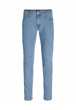 Jeans slim fit azzurri chiaro con tasche frontali, passanti per cintura e chiusura con bottone in vita.