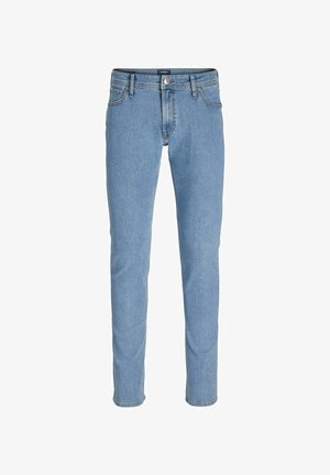 Jeansi bleu deschis, slim-fit, cu buzunare frontale, bucle pentru centură și închidere cu nasture la talie.