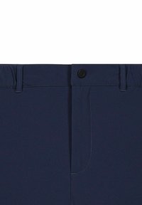 Marineblauwe broeken met een platte voorkant, een knoopsluiting, riemlussen en een elastische tailleband voor comfort. Glad materiaal met een lichte glans.