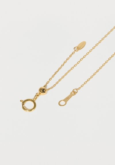 Zarte Goldkette mit rundem Federverschluss und kleinem Etikett, das an den Kettenenden befestigt ist, vor weißem Hintergrund.