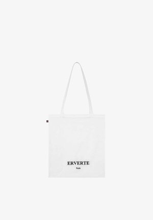 Weiße Canvas-Tragetasche mit schwarzem Text "ERVERT" und "Paris" auf der Vorderseite, mit zwei langen Griffen und horizontaler Form.