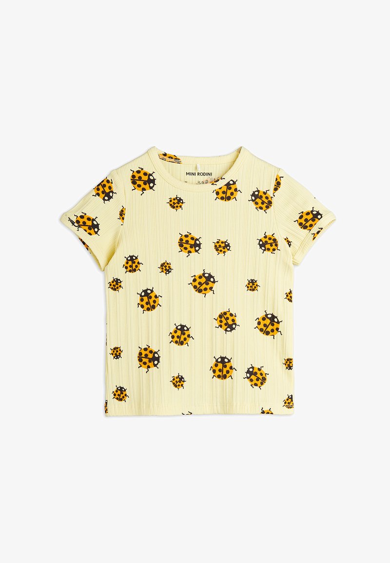 Yellow short-sleeve t-shirt featuring a ribbed texture and a scattered print of black and orange ladybugs. Round neckline, casual fit.