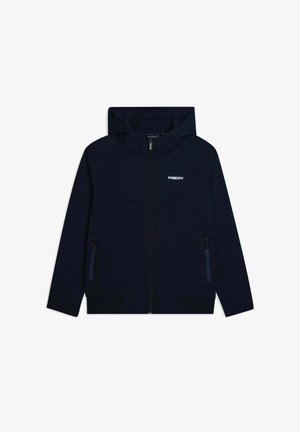 Sweatshirt zippé bleu marine avec une capuche, doté de deux poches latérales zippées, d'un tissu texturé et d'un logo blanc sur la poitrine.