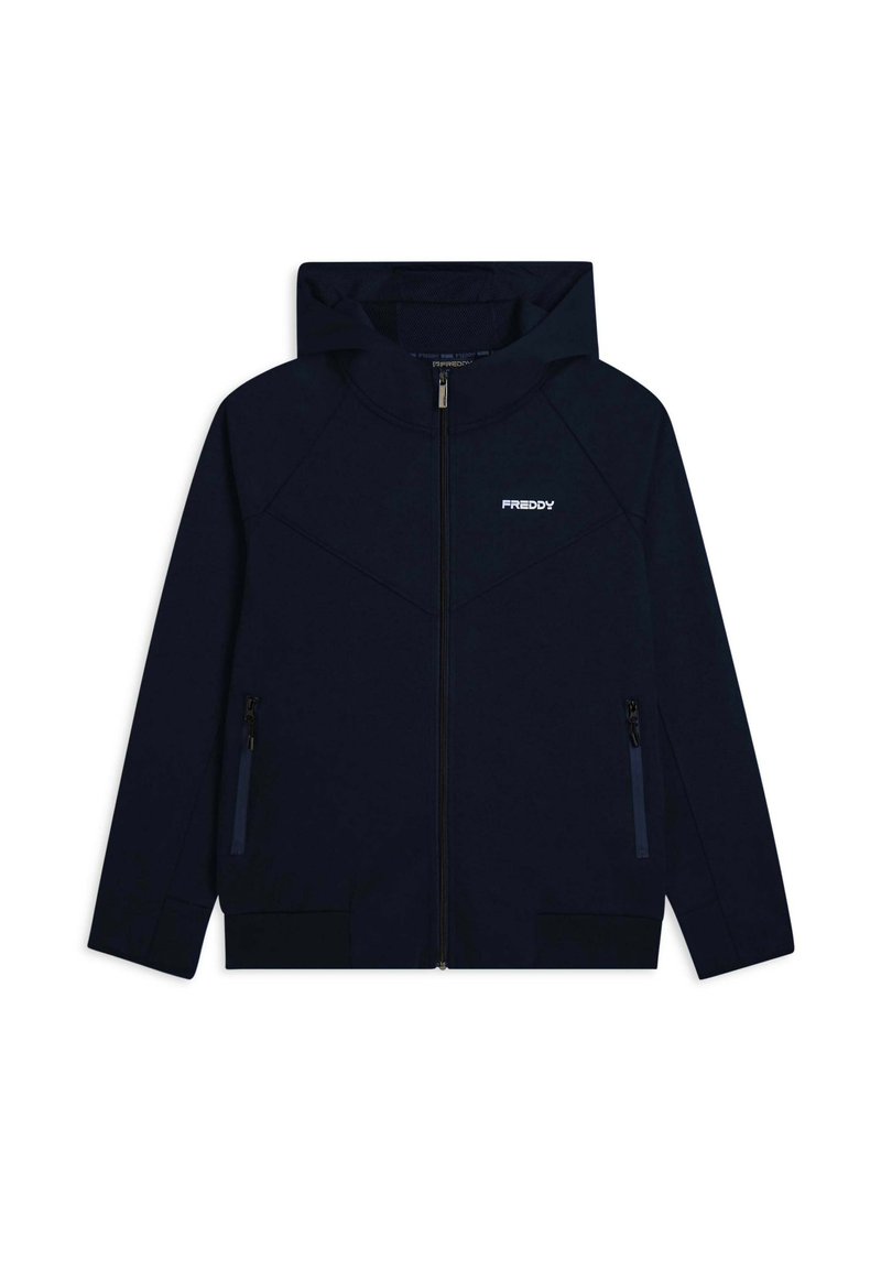 Felpa con zip blu navy, dotata di cappuccio, con due tasche laterali con zip, tessuto testurizzato e un logo bianco sul petto.