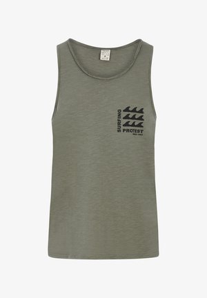 Maslinasto zeleni bezrukavni majici od mekanog materijala, s crnim grafikonom "SURFING" i logotipom branda na lijevom dijelu prsnog koša.