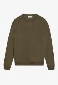 Sudadera verde oliva con cuello redondo, mangas largas tipo raglán, puños de canalé y detalle de pespunte en el cuello. Textura de tela suave.