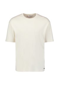Crème-kleurig T-shirt met korte mouwen van zachte katoen, met een ronde hals en een klein merklabel aan de onderzijde.