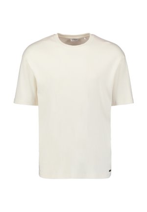 Cream-colored short-sleeve t-shirt made of soft cotton, featuring a crew neck and a small brand label on the lower side.