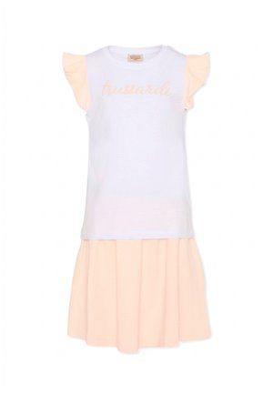Vestito bianco senza maniche con maniche e gonna arricciate pesca, con scritto in corsivo color pesca "trussardi" sul petto.