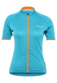 Jersey de ciclismo aqua con mangas cortas, cremallera y ribete naranja. Presenta un cuello alto y un pequeño logo en la parte frontal. Textura de tela suave.