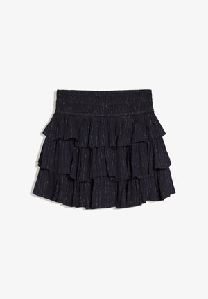 Sort lagdelt mininederdel med flæser og subtile lodrette metalliske striber, elastisk taljebånd for en tætsiddende pasform.