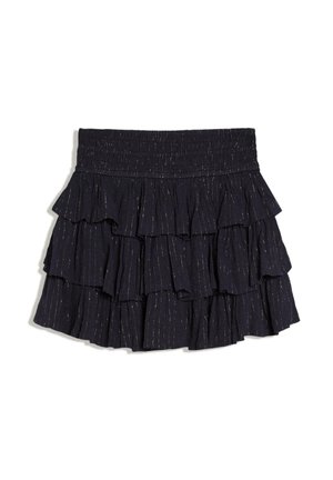 Zwarte gelaagde minirok met ruches en subtiele verticale metallic strepen, elastische tailleband voor een aansluitende pasvorm.