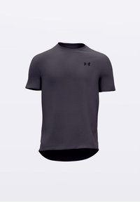 Kratka športna majica s kratkimi rokavi v temno sivi barvi, izdelana iz teksturirane tkanine z zaobljenim robom in majhnim črnim logotipom na prsih.