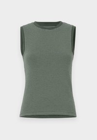 Haut sans manches vert clair avec une texture côtelée, présentant des rayures verticales et un col arrondi. Rehaussé par des bords vert foncé.