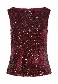 Top sans manches bordeaux recouvert de sequins, présentant une texture lisse et un col rond simple, adapté à diverses occasions.