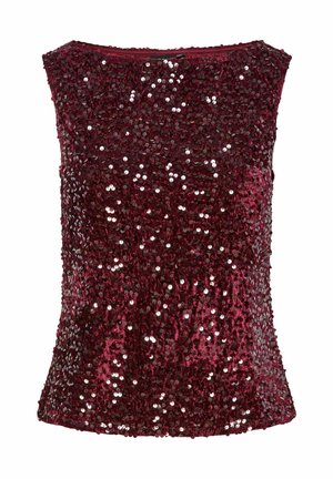 Top sans manches bordeaux recouvert de sequins, présentant une texture lisse et un col rond simple, adapté à diverses occasions.