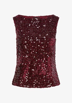 Burgundowa, bezrękawnikowa bluzka pokryta cekinami, o gładkiej fakturze i prostym, okrągłym dekolcie, odpowiednia na różne okazje.