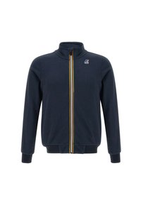 Giacca a zip blu marina con colletto alto, strisce verticali contrastanti in giallo, verde e bianco, e logo ricamato sul petto.