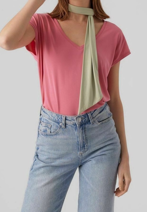 Pink V-neck T-shirt made of soft fabric, paired with high-waisted light blue denim jeans and an olive green neck scarf.