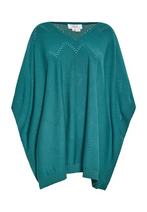 Poncho in maglia turchese con scollatura a V, caratterizzato da un motivo zigzag di fori a occhio e bordi a coste. Leggero e fluido nella forma.
