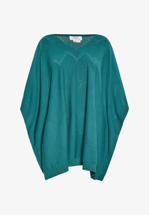 Teal gebreide poncho met V-hals, voorzien van een zigzagpatroon van openingen en geribbelde randen. Lichtgewicht en soepel van vorm.