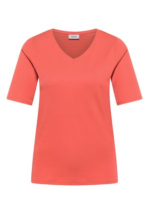 Koralfarvet kortærmet V-hals dame T-shirt med et enkelt design og CECIL mærke inde i kraven.
