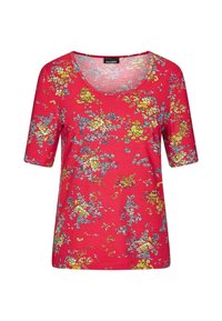 Rotes T-Shirt mit kurzen Ärmeln und V-Ausschnitt, ausgestattet mit einem floralen Muster in Gelb, Blau und Weiß. Aus weichem, bequemem Stoff gefertigt.